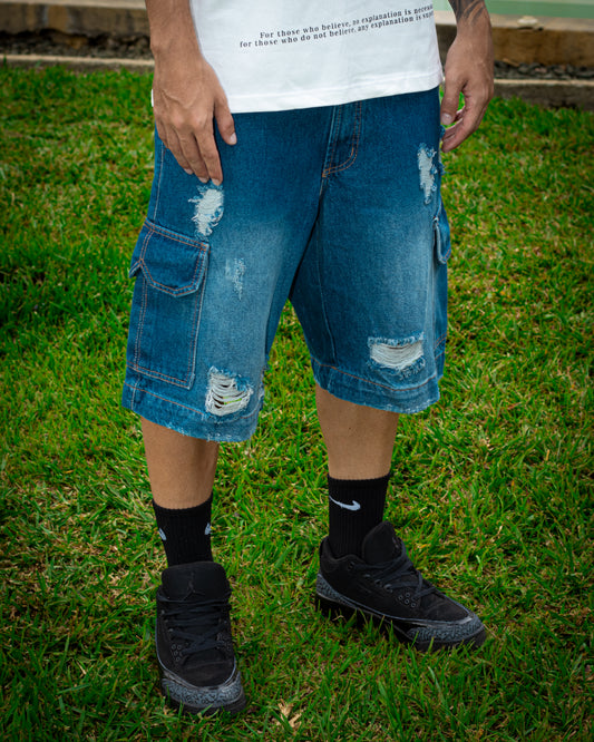SHORT CARGO AZUL OSCURO ROTOS